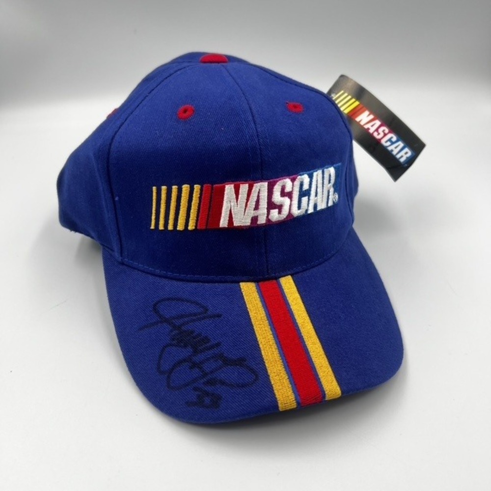 New NASCAR Checkered Flag Sports Blue Snapback Hat Signed Brim Racing Cap